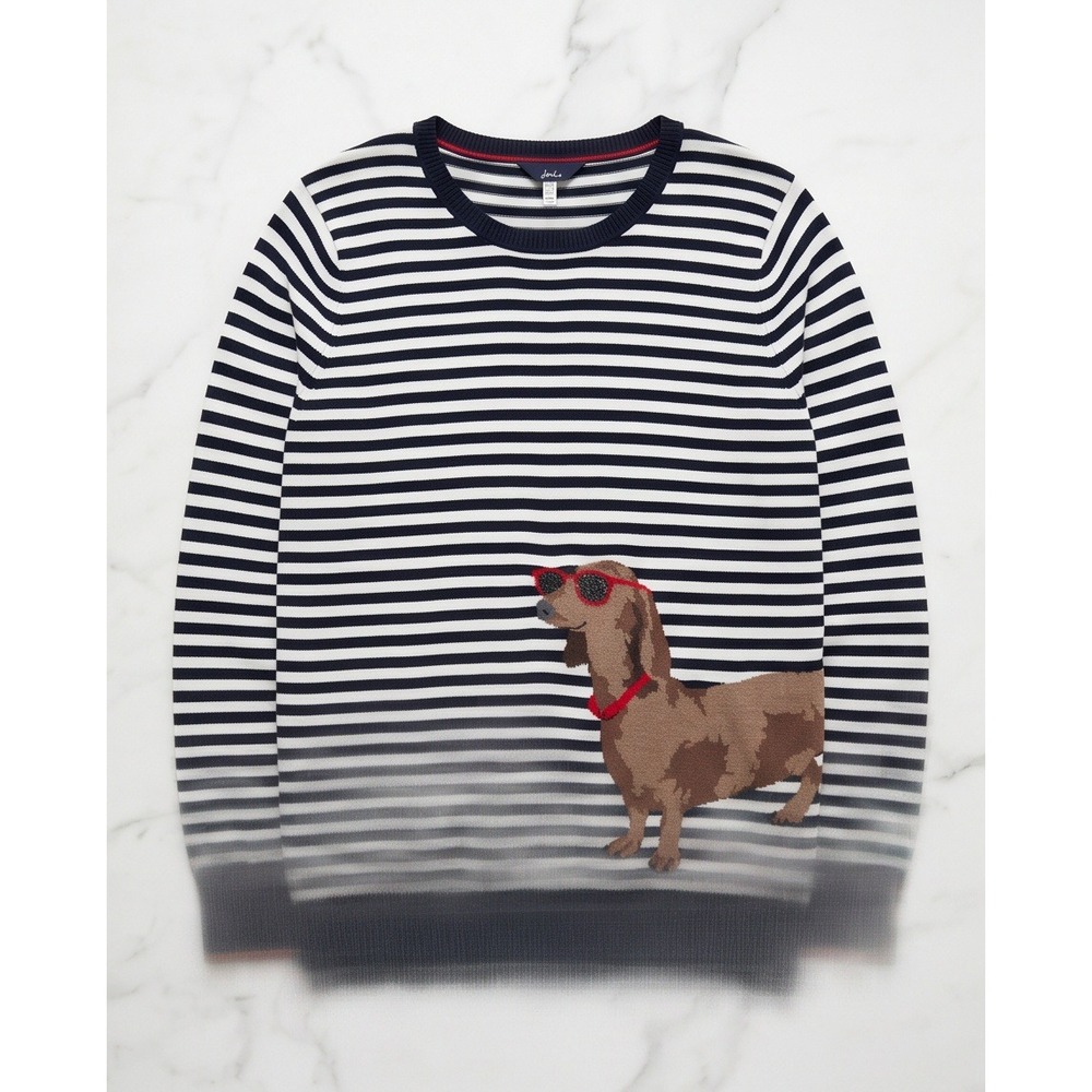 Joules Miranda 12 Intarsia Dachshund Sausage Dog Striped Sweater Navy White NWOT